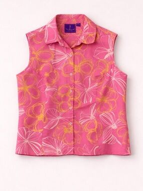 Tori Richard Honolulu Pink Floral Sleeveless Button Front Golf Resort Top Sz 10